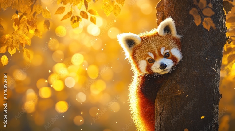 Poster A red panda peeks from behind a tree, surrounded by golden autumn leaves and soft bokeh.
