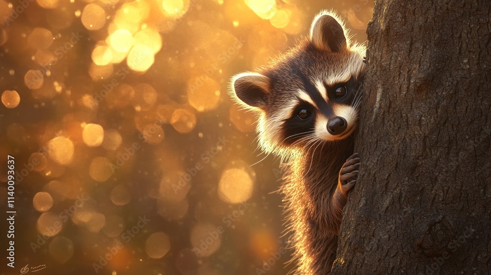 Poster a raccoon peeks from behind a tree, illuminated by warm, golden bokeh lights.