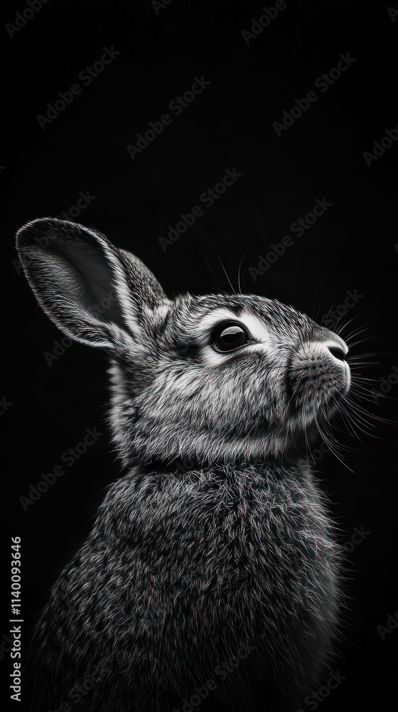 Poster A detailed profile of a rabbit against a dark background, emphasizing its features.