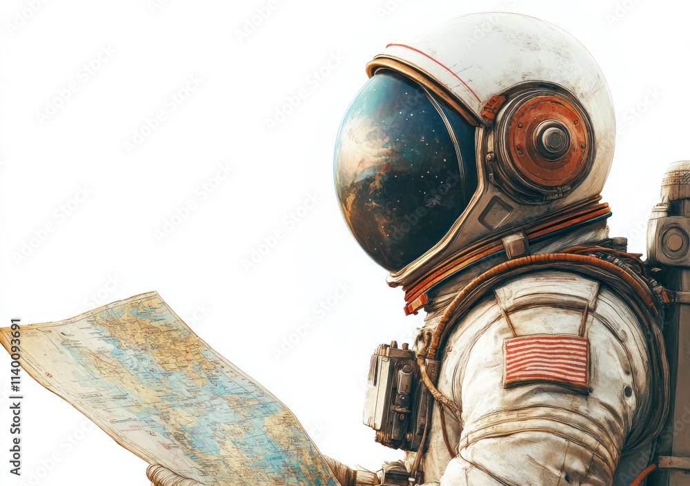 Poster an astronaut examines a map, gazing at a cosmic reflection in the helmet.