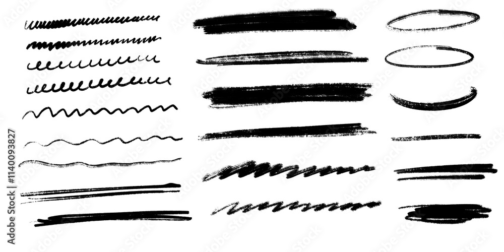 Poster marker lines isolated on transparent background. set of different doodle underlined, rough round sha
