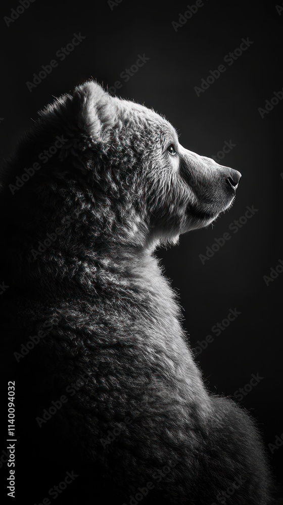 Poster a monochrome profile of a bear, highlighting its fur texture and serene expression.