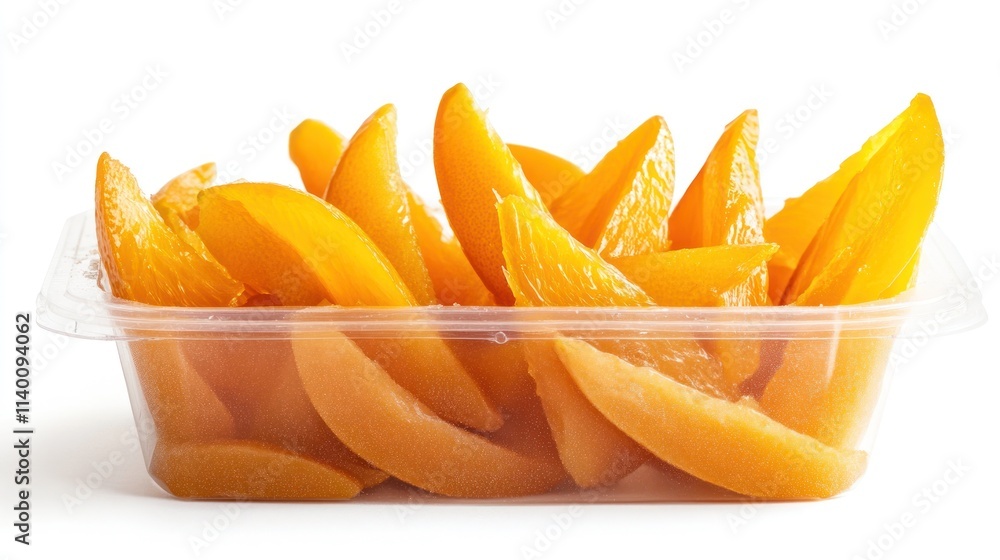 Poster a container filled with vibrant, sliced peaches, ideal for snacking or dessert.