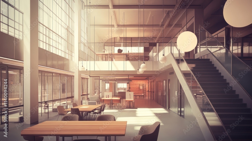 Poster Modern office interior with large windows and open spaces for collaboration and productivity.