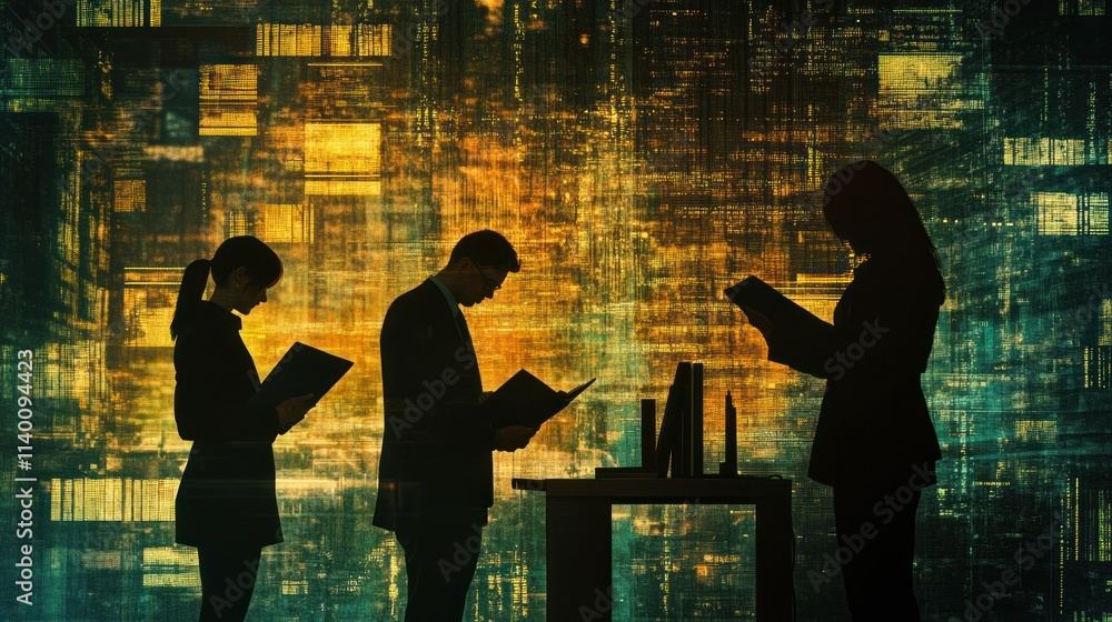 Poster silhouetted figures reading in a digital environment, symbolizing knowledge and technology.