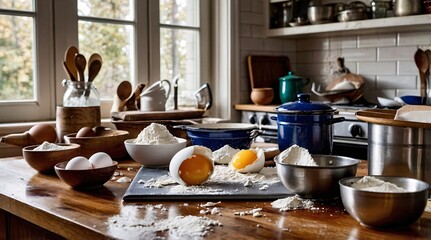 Flour spills and egg chaos create a delightful mess in a warm and inviting kitchen filled with baking tools and ingredients