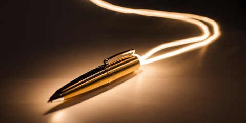A close-up of a gold and black pen tip is illuminated by flowing strands of warm light against a dark background. Symbolic of creativity, the power of words, and the flow of ideas and inspiration.