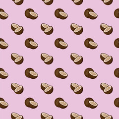 Coconut flat seamless pattern on pink background. Wrapping paper, gift card, poster, banner design. Home decor, modern textile print. Summer bright geometric fruits patterned.