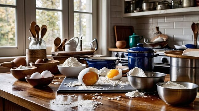 Flour spills and egg chaos create a delightful mess in a warm and inviting kitchen filled with baking tools and ingredients