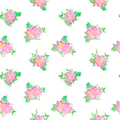 Bouquet of pink flowers framed by green leaves and twigs on seamless pattern. Watercolor digital illustration. Water lily and gypsophila twigs isolated on white background. Botanical illustration