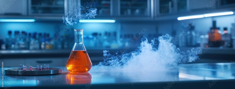 Aufkleber a laboratory scene featuring a glowing flask with orange liquid and vapor.