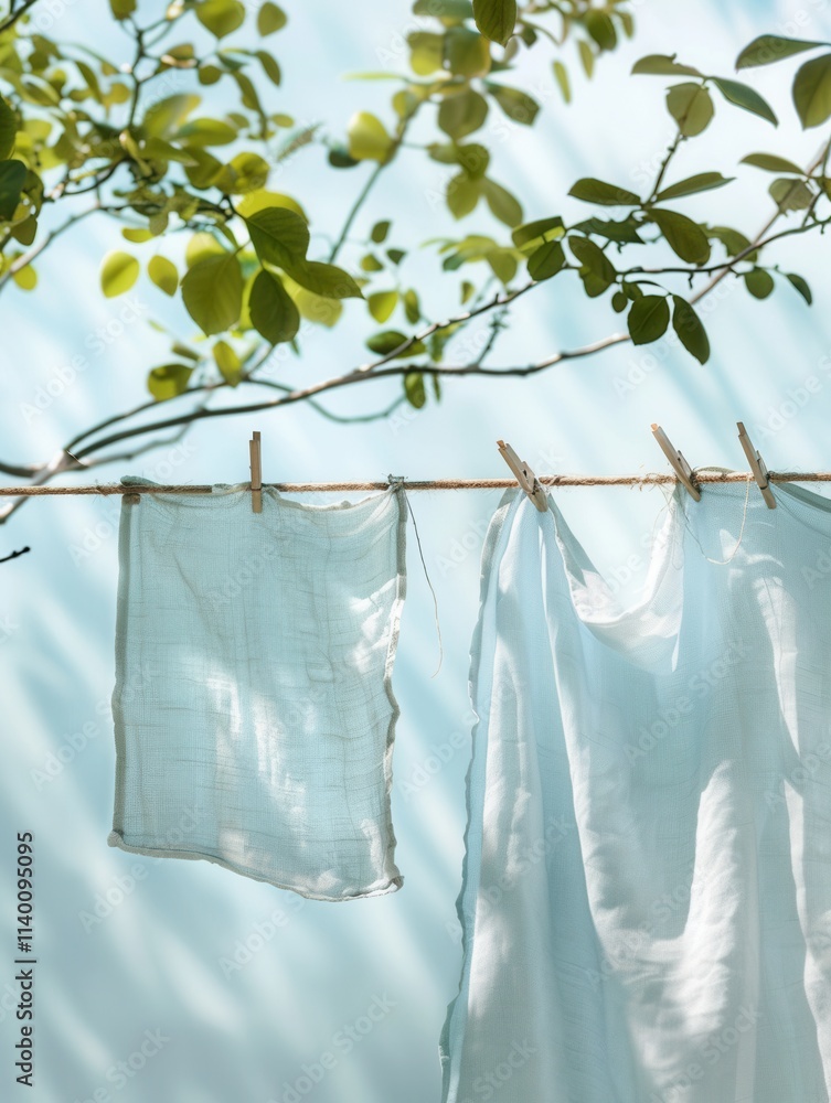 Aufkleber fresh linen waving gently in the breeze on a clothesline surrounded by green leaves in soft sunlight