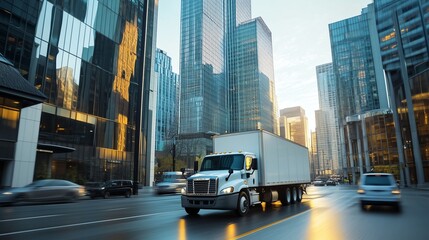 A branded delivery truck passing through a modern business district, with sleek glass buildings and organized traffic, symbolizing professionalism and reliability.