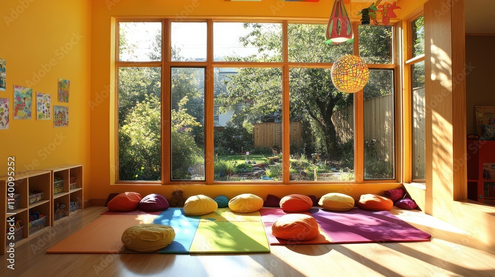 Poster a vibrant playroom with colorful cushions and large windows overlooking a garden.