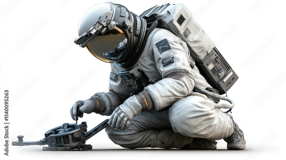 Poster an astronaut kneeling and examining a device on a celestial surface.