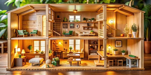 Architectural macro photography:  A minimalist wooden dollhouse interior, exquisitely detailed.