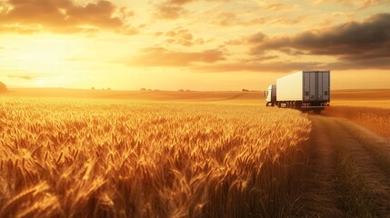 A white delivery truck driving through a golden wheat field during sunset, with warm sunlight casting a peaceful atmosphere over the rural environment, showcasing tranquil rural logistics.