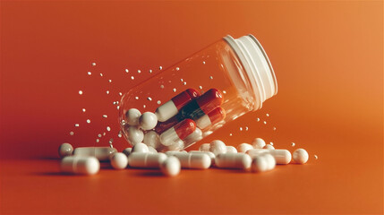 Pharmaceutical medicine concept. The bottle of drugs, pills, and capsules on an orange background. Generative AI.