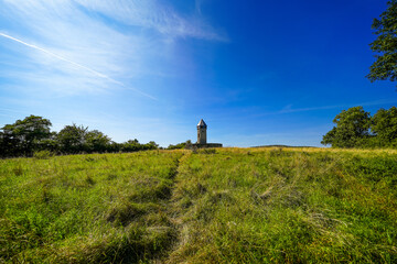 View of the Hellenwarte near Fritzlar. Old watchtower in Hesse with the surrounding landscape.
