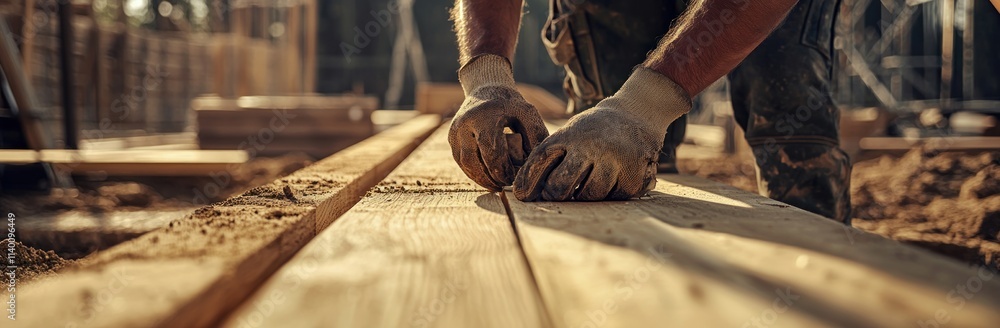 Poster a worker measuring wood on a construction site, focusing on craftsmanship and precision.