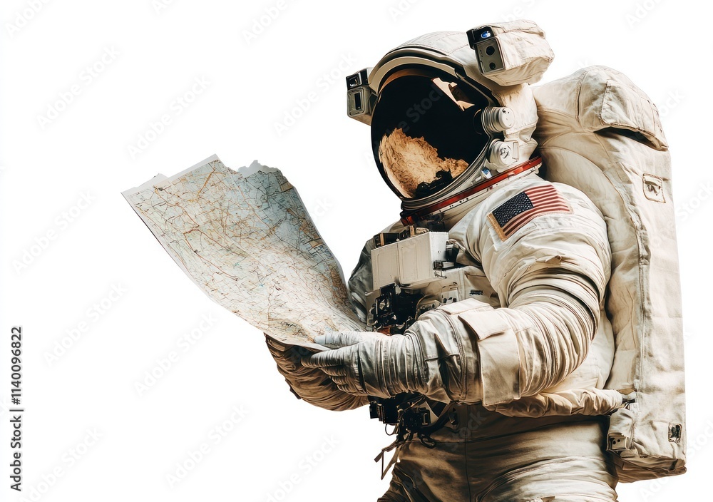 Aufkleber an astronaut studying a map, possibly for navigation in space or on another planet.