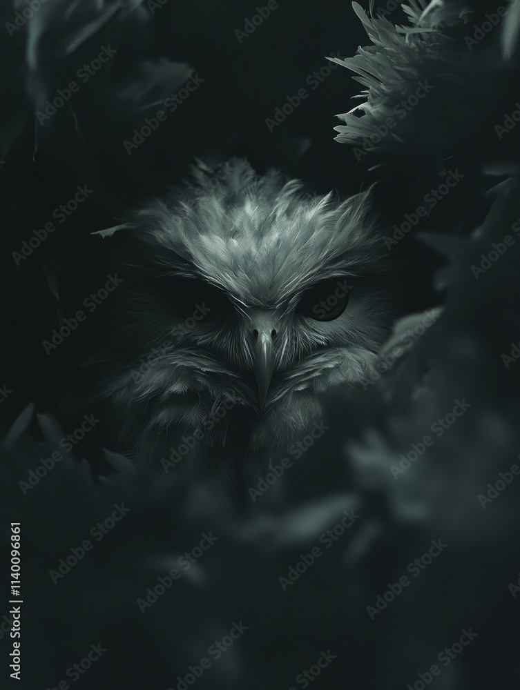 Aufkleber a close-up of an owl's face, partially hidden in dark foliage, creating a mysterious atmosphere.