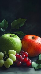 Red and green apple resting near grapes on dark background