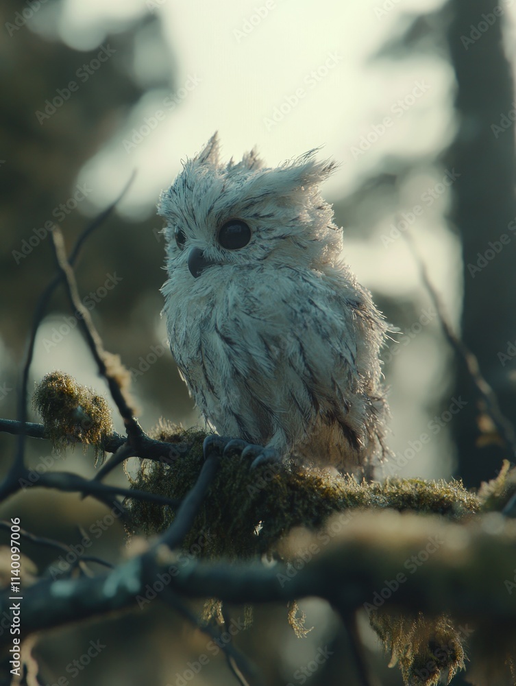 Poster a whimsical owl perched on a mossy branch in a serene forest setting.