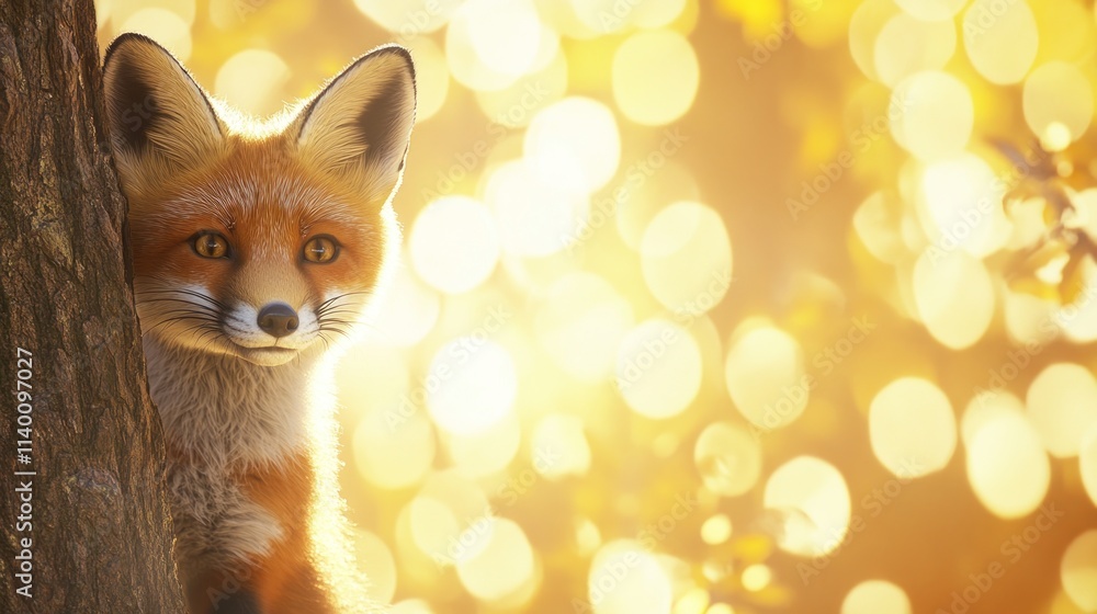 Aufkleber a serene fox peering from behind a tree, illuminated by warm, glowing bokeh lights.