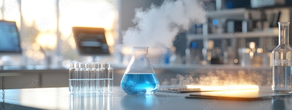 Poster a laboratory scene featuring a blue liquid in a flask with steam, indicating a scientific experiment