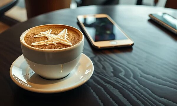 White ceramic cup of capuccino coffee decrated with creamy plane art standing on a table with a smartphone as business concept and flights correlation