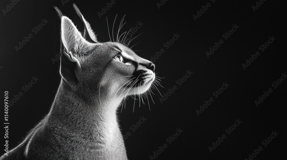 Poster a monochromatic portrait of a cat gazing upward, highlighting its features and expression.