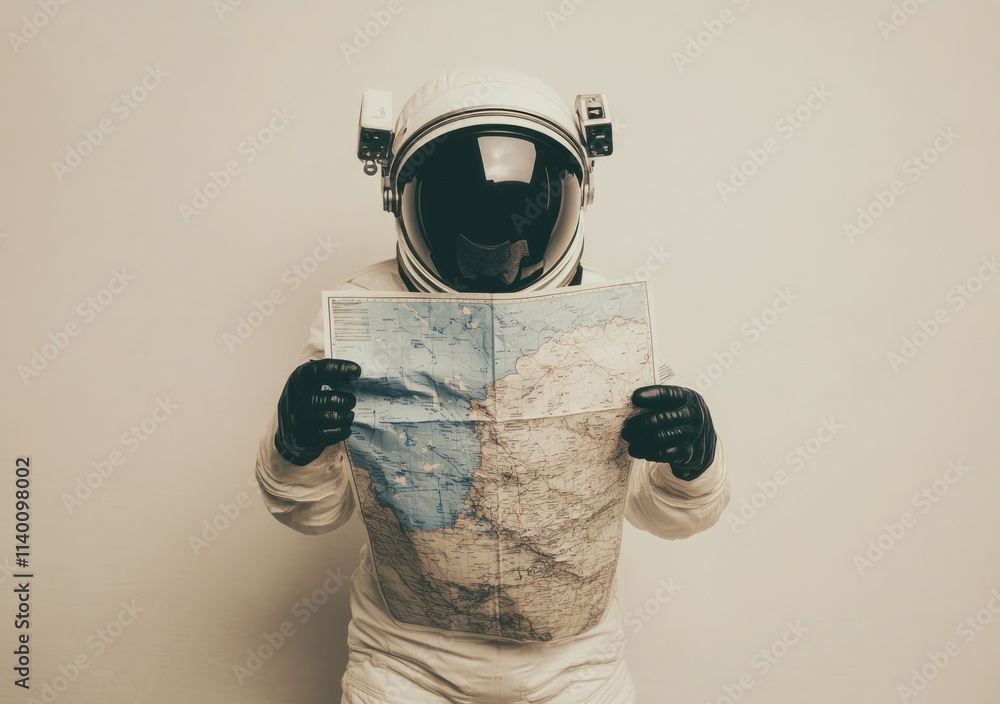 Poster an astronaut in a spacesuit examines a map, suggesting exploration or navigation in space.