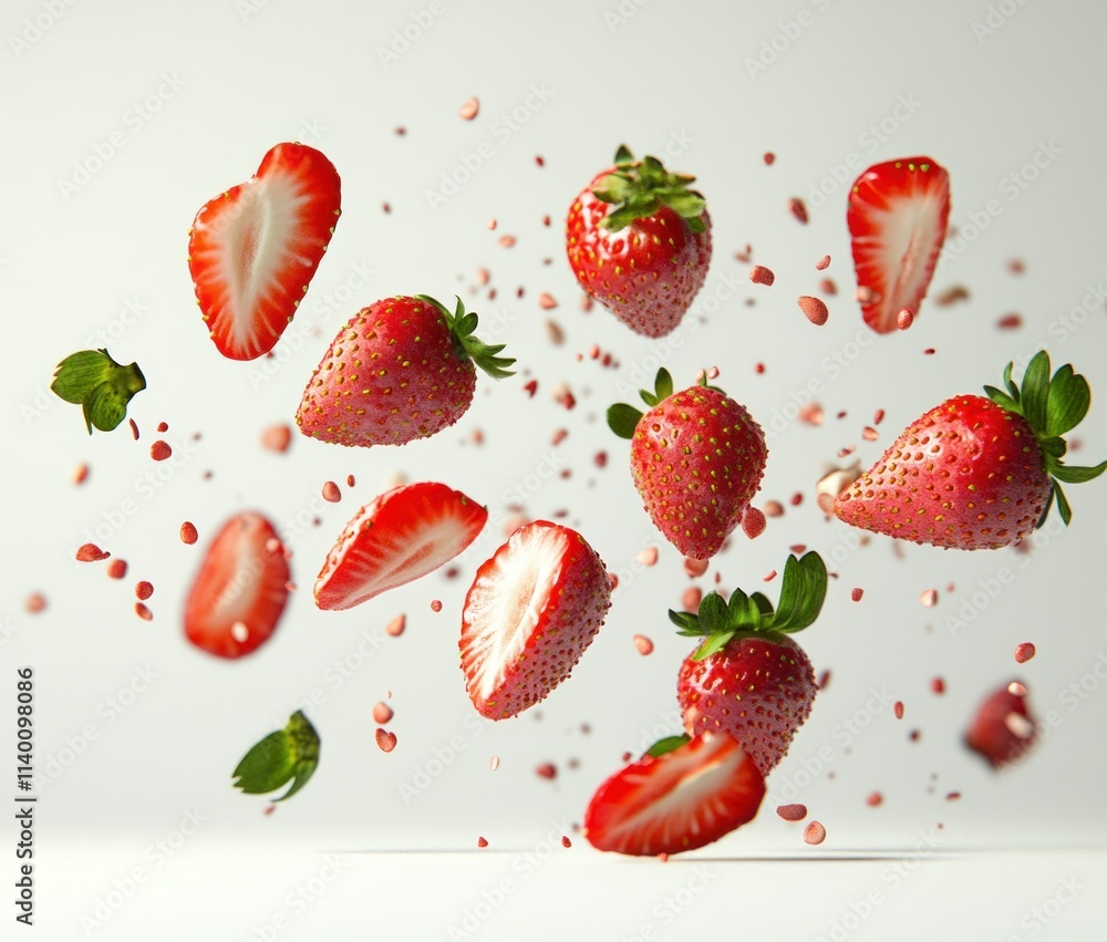 Poster a dynamic arrangement of whole and sliced strawberries in mid-air, showcasing freshness.