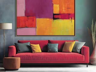 A modern living room featuring a vibrant abstract painting above a red sofa with colorful cushions.