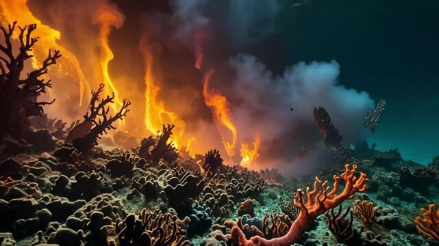 A dramatic wildfire spreading through a forest with thick smoke and flames, symbolizing destruction, danger, and environmental crisis.