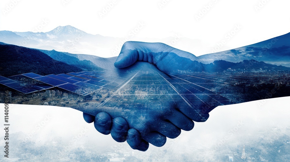 Poster a double exposure image of two hands shaking, symbolizing partnership in renewable energy.