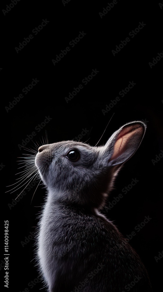 Poster a close-up profile of a gray rabbit against a dark background, highlighting its features.