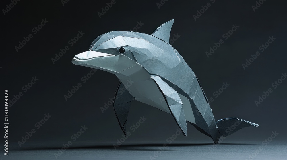 Poster a stylized paper sculpture of a dolphin, showcasing geometric shapes and a dynamic pose.