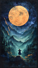 Fototapeta premium a Mixed media illustration, a fantasy wizard dances in the night in a summer mountain valley, folk art style with textured details, stylized with fairy-tale elements