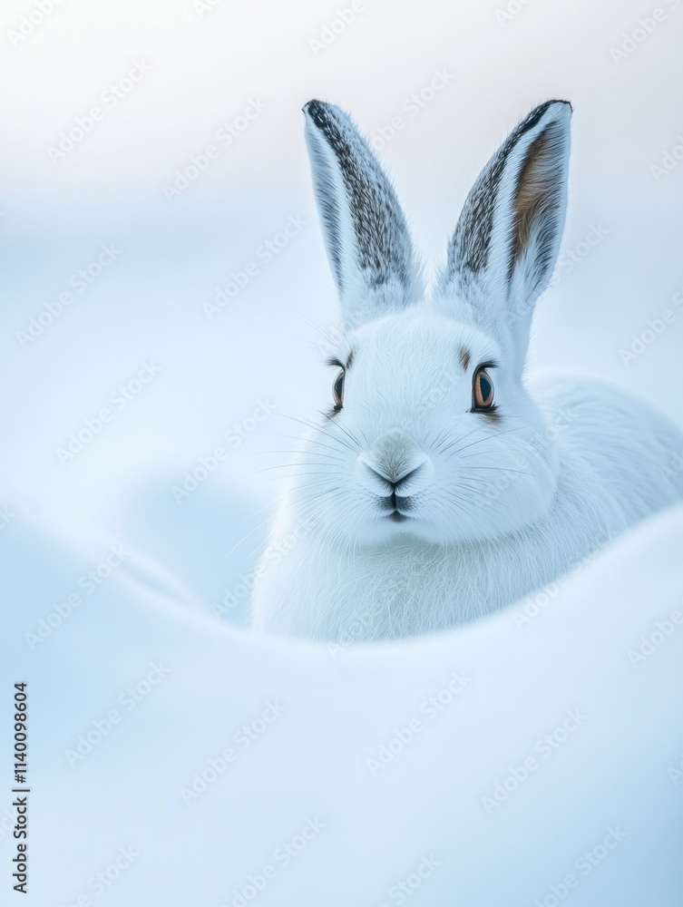 Poster A serene white rabbit partially hidden in a snowy landscape.