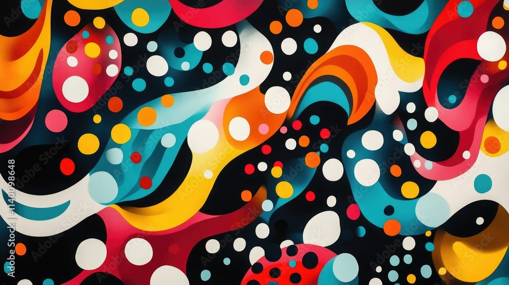 Poster vibrant abstract art featuring swirling colors and playful dots in a dynamic composition
