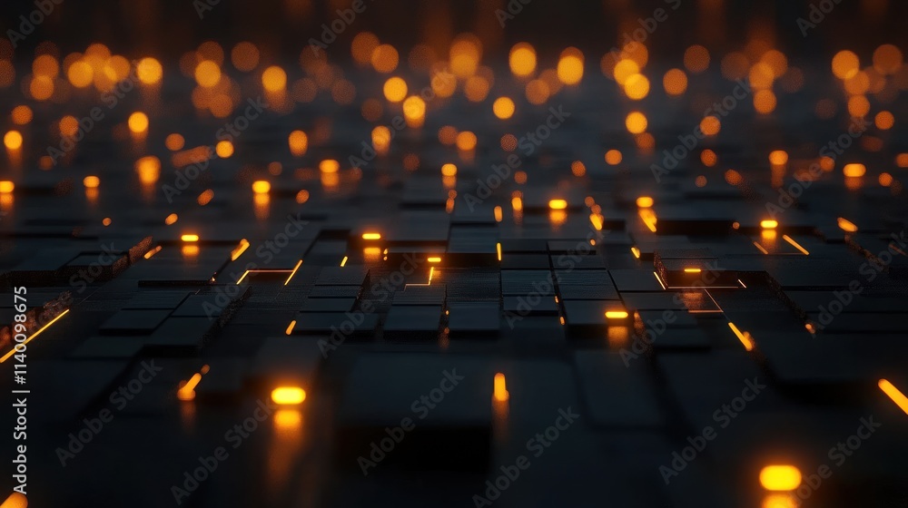 Poster Abstract digital landscape with glowing elements on a textured surface.