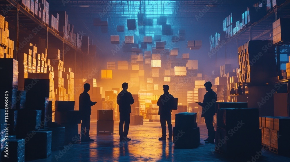 Poster silhouetted figures in a vibrant warehouse with floating boxes and atmospheric lighting.