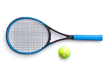Tennis racket with ball isolated on white background