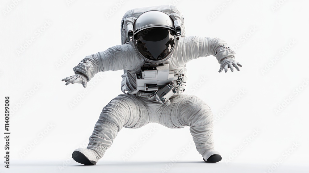 Poster an astronaut in a spacesuit appears to be in a dynamic pose against a white background.