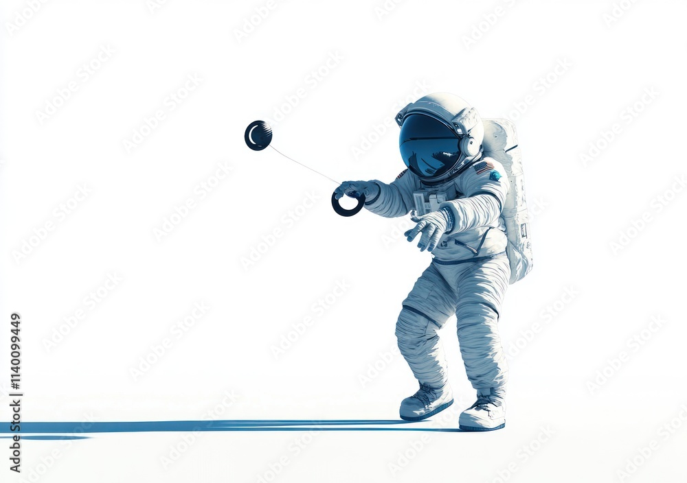 Poster an astronaut interacts with a floating object in a minimalist, space-themed environment.