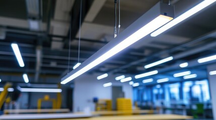 Naklejka premium Modern lighting setup illuminates a spacious industrial workspace during daylight hours