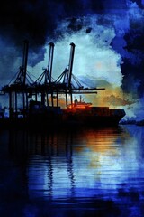 Obraz premium Dramatic Night Scene of Industrial Port with Cranes and Container Ship Silhouetted Against Colorful Sky and Reflected in Water, Evoking a Sense of Tranquility and Industry