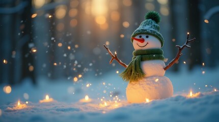 Whimsical Snowman with Twig Arms and Green Woolen Hat and Scarf